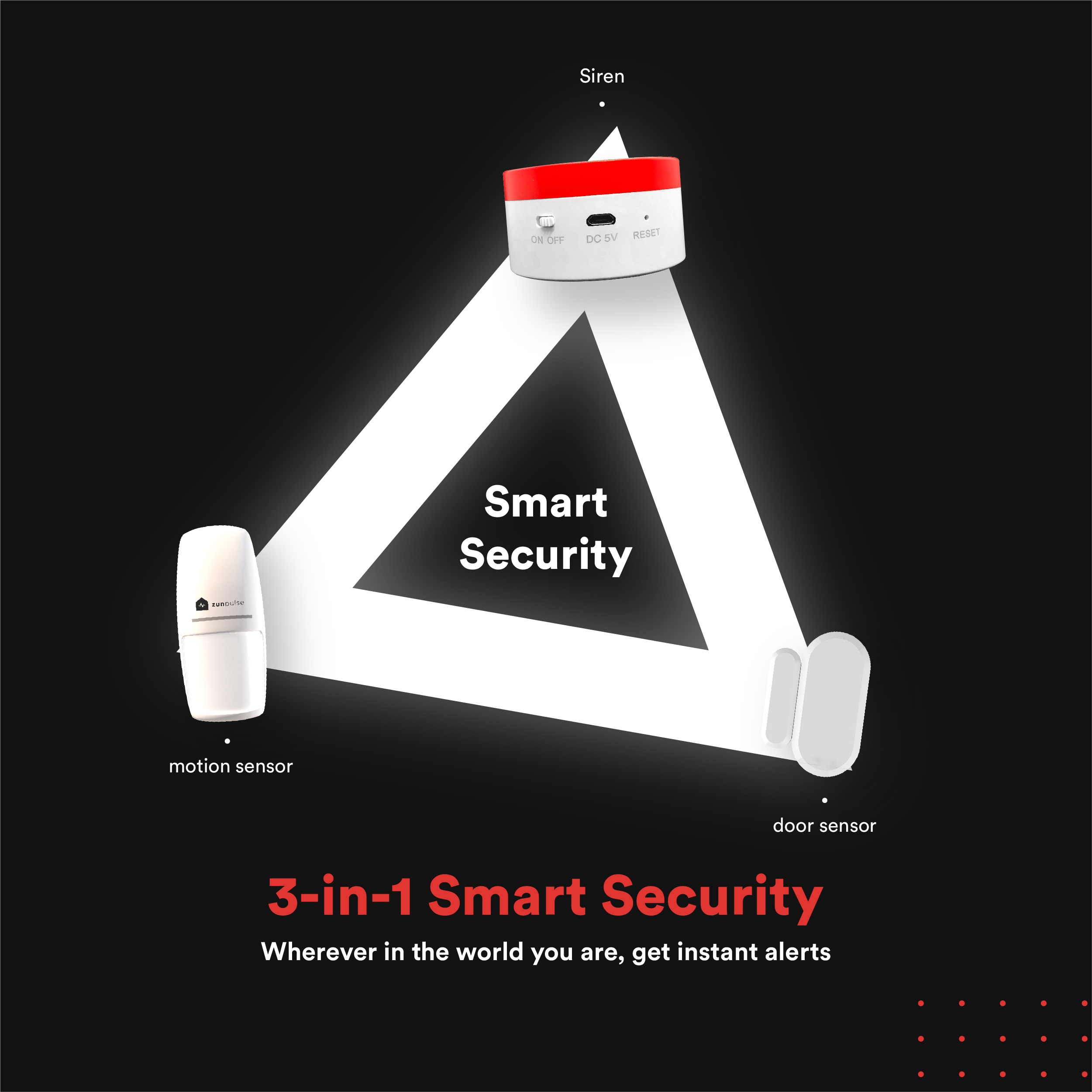 smart security components- motion sensor, door sensor, siren