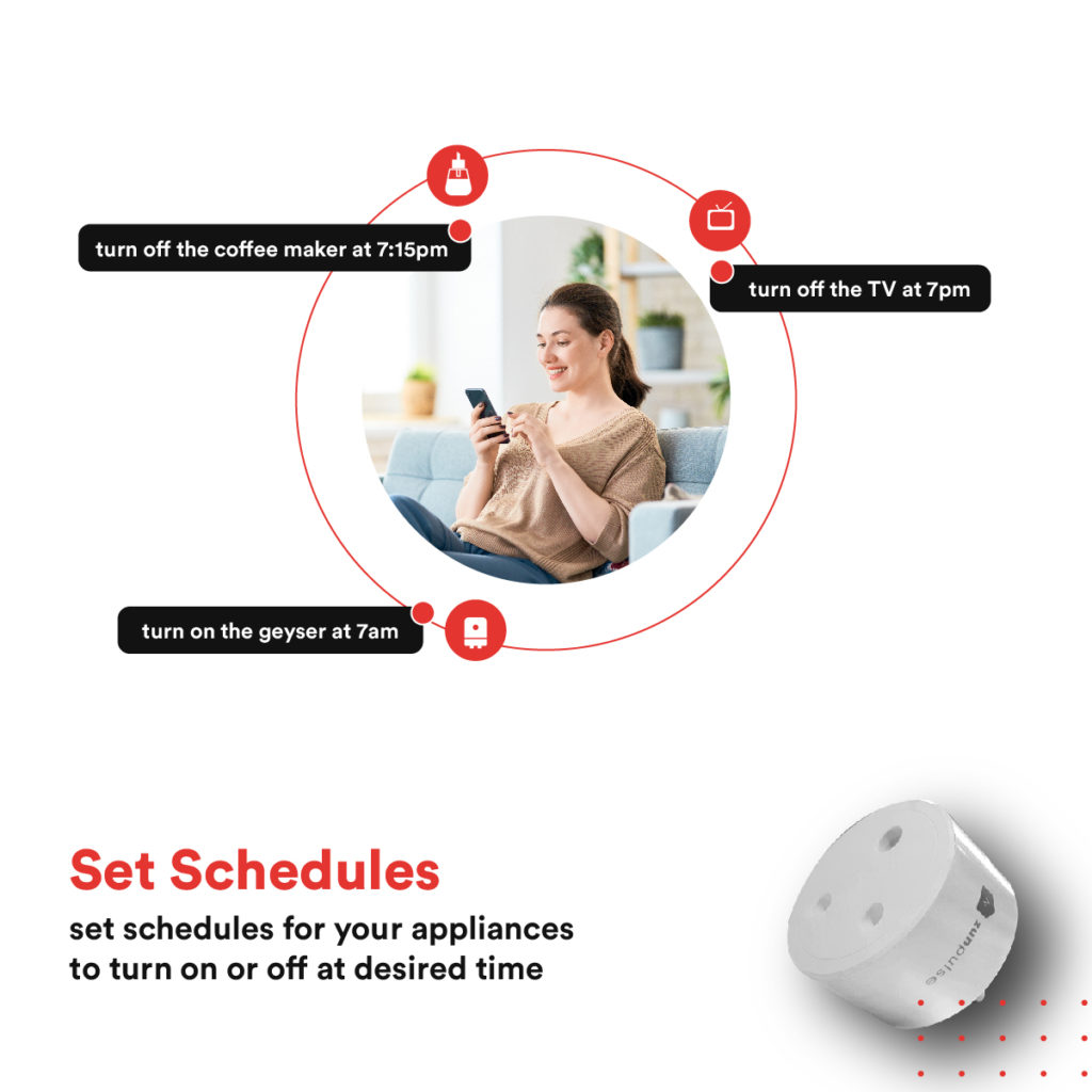 woman setting schedules for appliances with smart plug from her phone